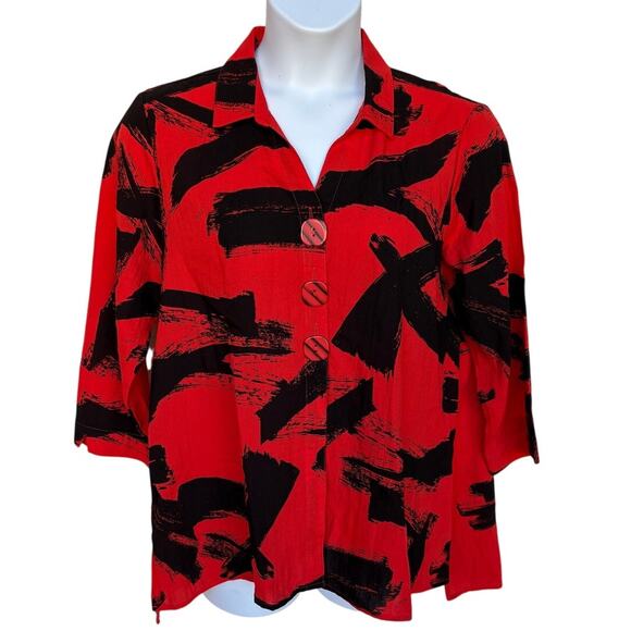 Ali Miles Red and Black Artsy Abstract Print Button Down Lagenlook Shirt size L - Picture 5 of 12